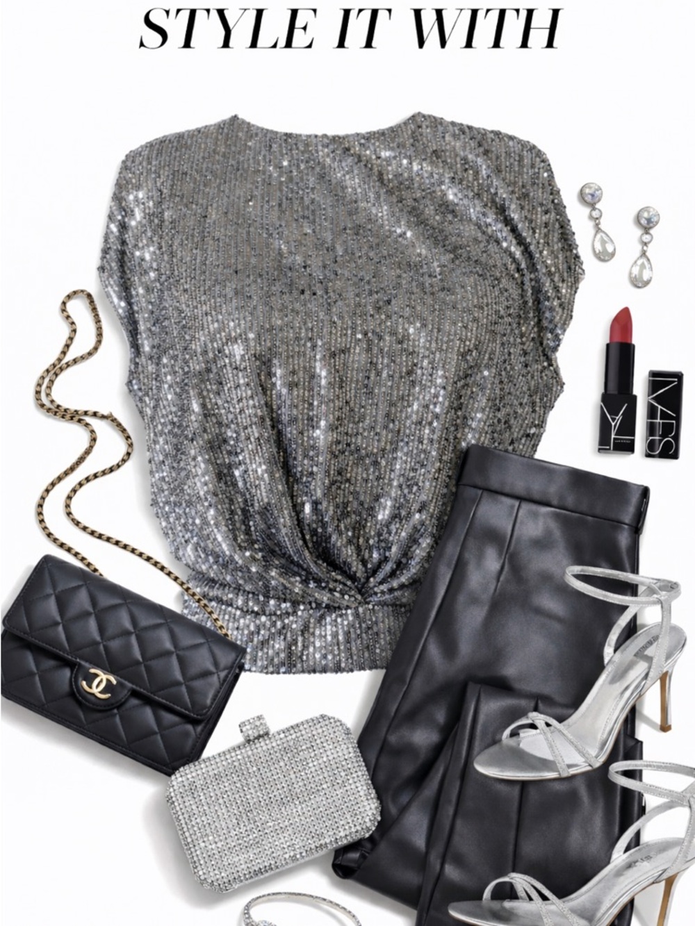 LOFT Metallic Silver Sequin Knot-Front Crop Top